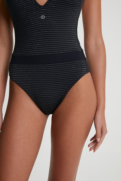 Maillot de Bain Une Pièce Dos Nu JUDY - Noir Rayé Lurex Argenté - IODUS
