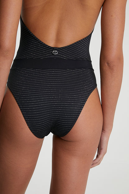 Maillot de Bain Une Pièce Dos Nu JUDY - Noir Rayé Lurex Argenté - IODUS